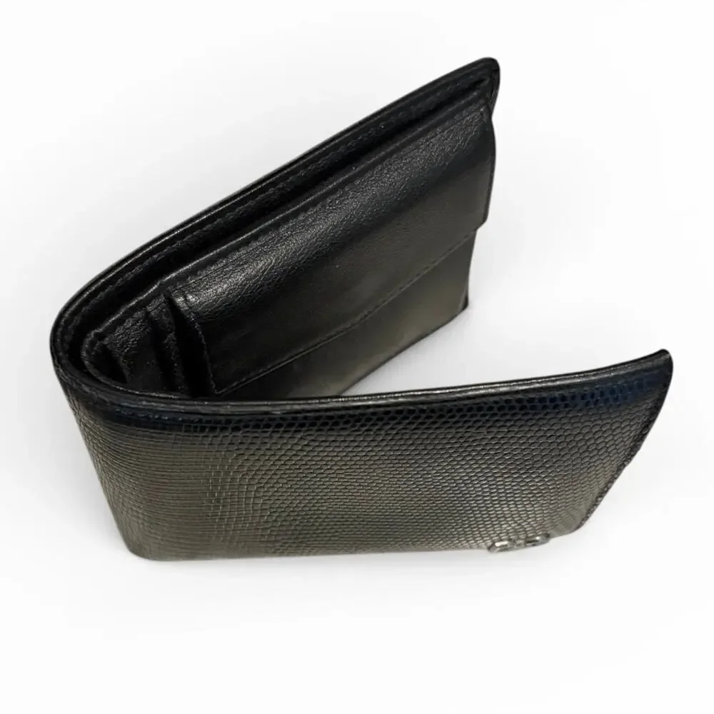 Dolce & Gabbana Black Lizard Embossed Leather Bifold Wallet Silver D&G Logo